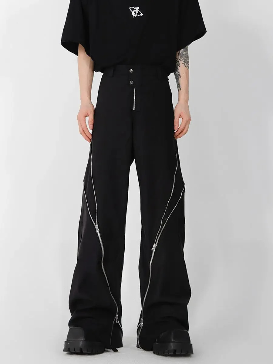 American Trend Mens Black Zipper Slit Slightly Flat Pants Vertical Feeling Straight Casual Pants Retro Trousers 241112