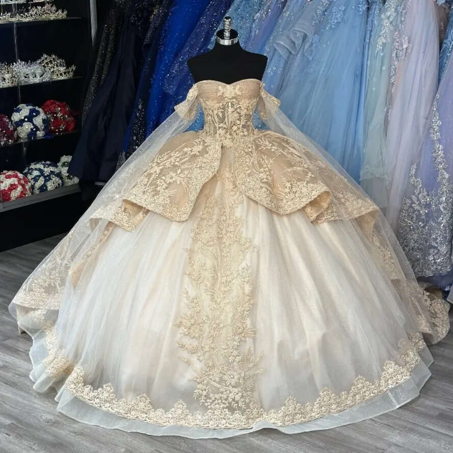 Light Champagne Beading Ruffles Ball Gown Quinceanera Dresses Off The Shoulder Appliques Lace With Cape Corset Vestidos Para 15 XV Anos 0629