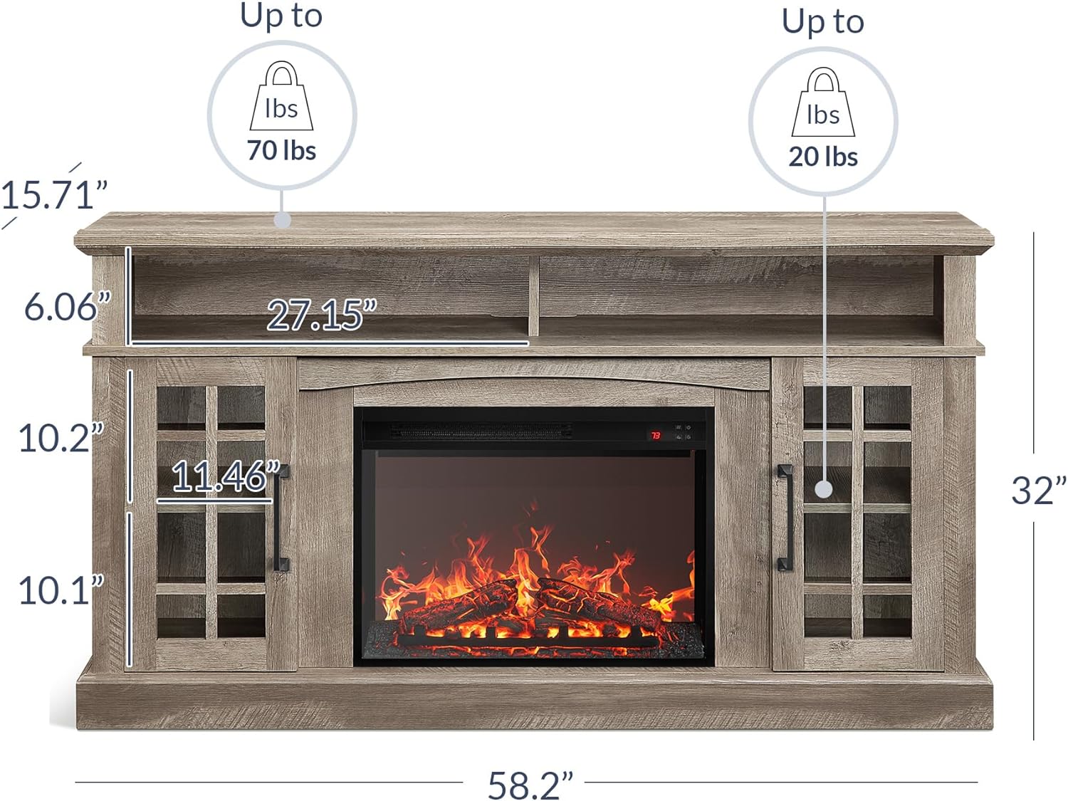 BELLEZE Traditional 58 Inch Rustic TV Stand with 23 Inch Electric Fireplace & Media Entertainment Center Console Table for