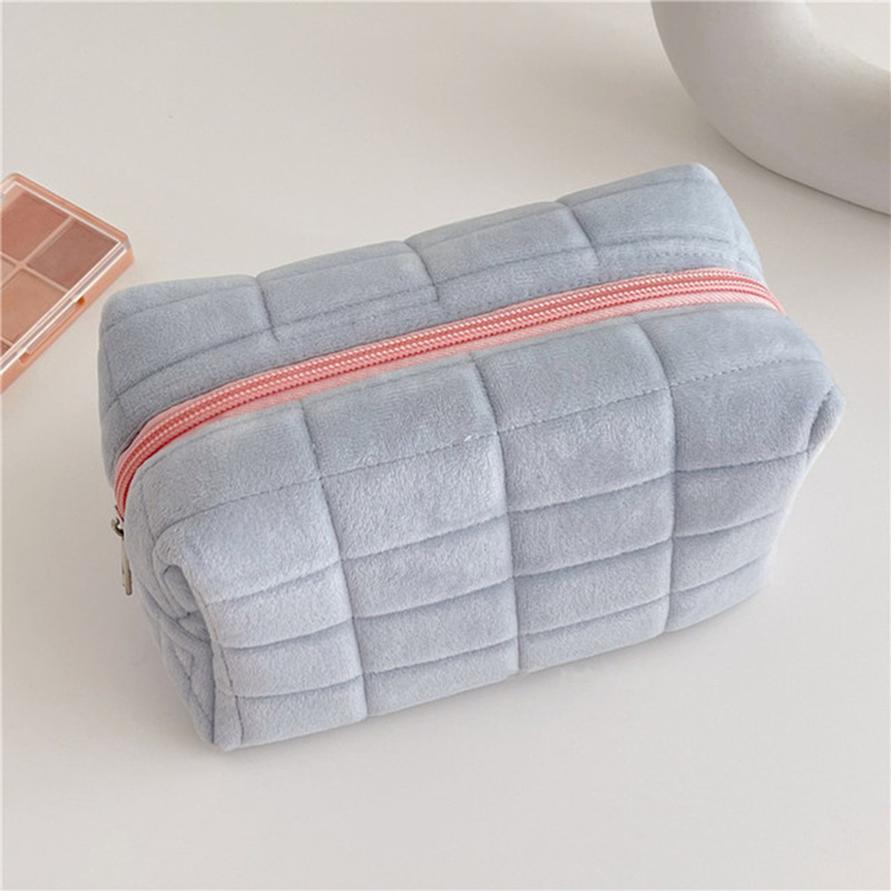 Up Women's Make Plush Bags Plaid Zipper Cosmetic Case Portable Cosmetic Organizer Storage Pouch smile