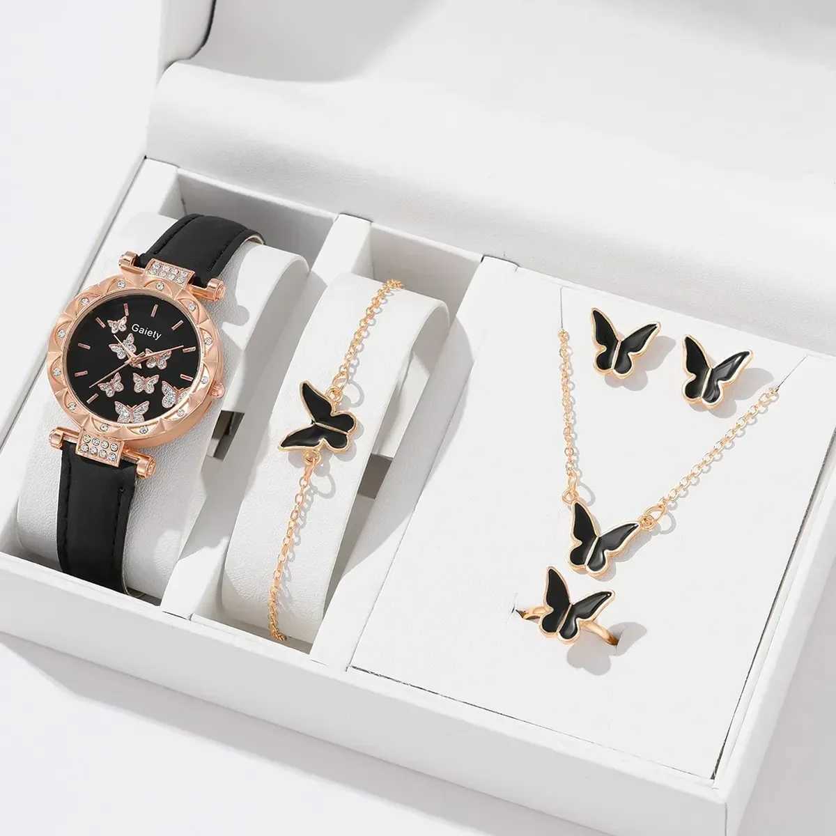 6/1pcs Set Women Watch Ring Necklace Earrings Bracelet Set Watches Butterfly Leather Strap Ladies Quartz WristWatch (No Box)XJ241109