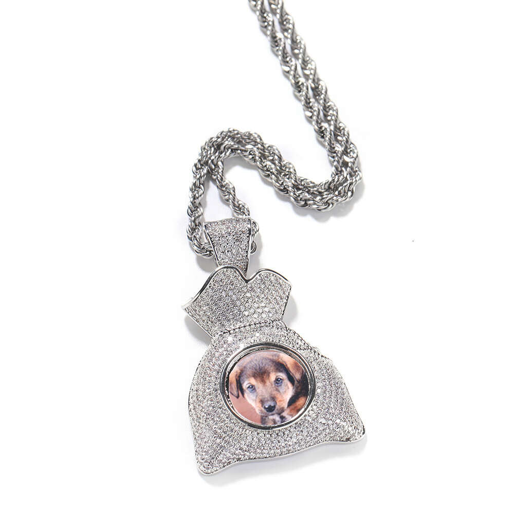 Top Quality Cubic Zirconia Custom Photo Money Bag Pendant Necklace Iced Out Cubic Zirconia Diy Picture Memorial Hip Hop Street Necklaces Bling Crystal