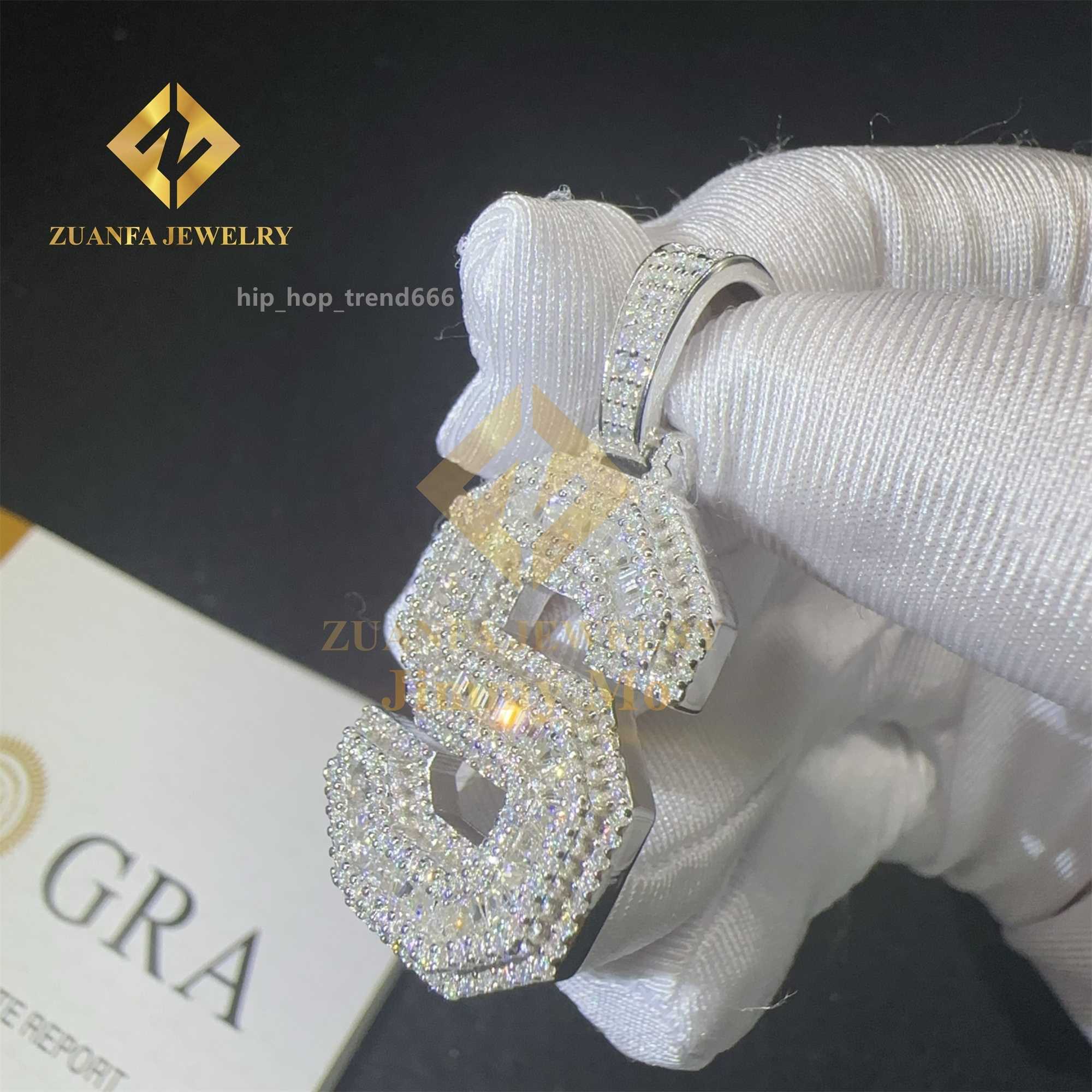 Fashion Hip Hop Jewelry Drop Shipping 925 Solid Silver VVS1 Baguette Moissanite Diamond A-Z Initial Letter Pendant Necklace Men