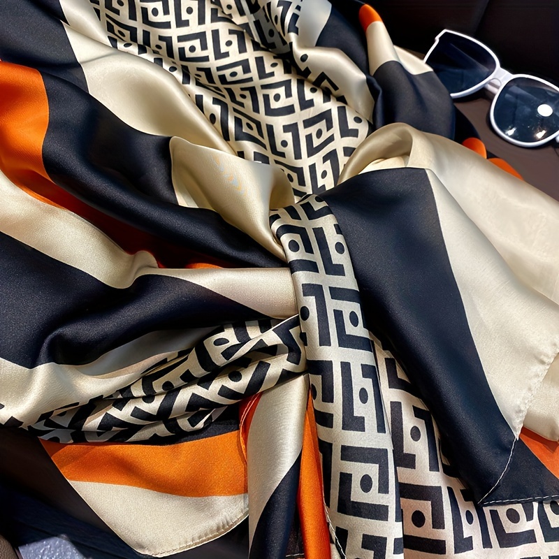 Stylish Geometric Striped Printed Scarf Simulated Silk Satin Smooth Shawl Spring Summer Sunscreen Windproof Scarf