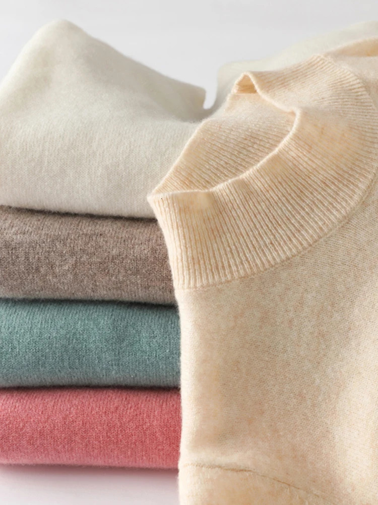 Womens solid semi high neck cashmere sweater autumn and winter loose plus size knitted wool casual sweater bottom sweater 241113