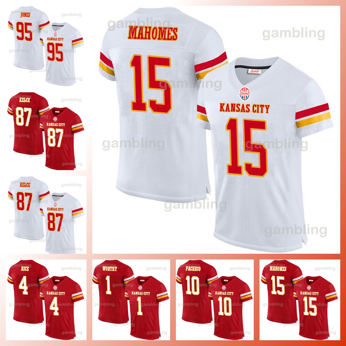 Mens/Youth Custom Football Jerseys Mahomes Kelce Noah Gray 52 25 Clyde 8 Justyn 56 George 35 Christian 16 Len 88 Tony Embroidery Name and Number