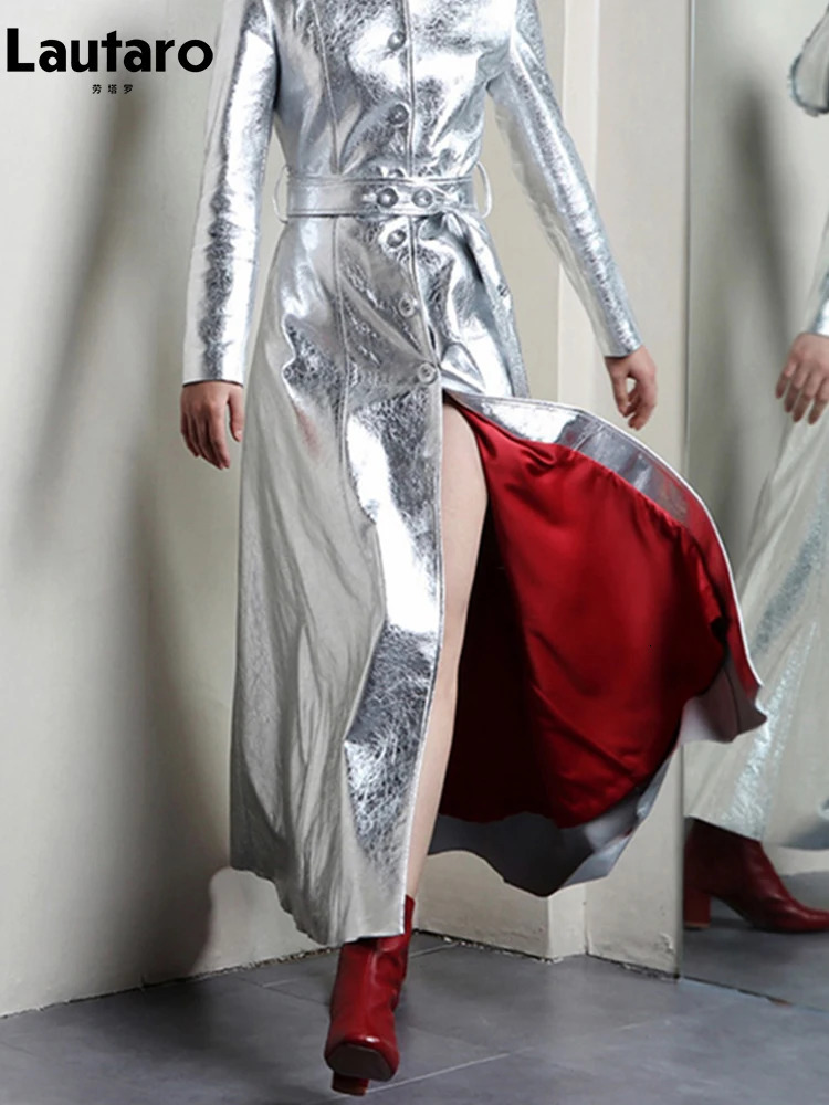 Lautaro Spring Autumn Long Cool Silver Shiny Reflective Pu Leather Trench Coat for Women with Hood Runway Fashion 241113 - view 4