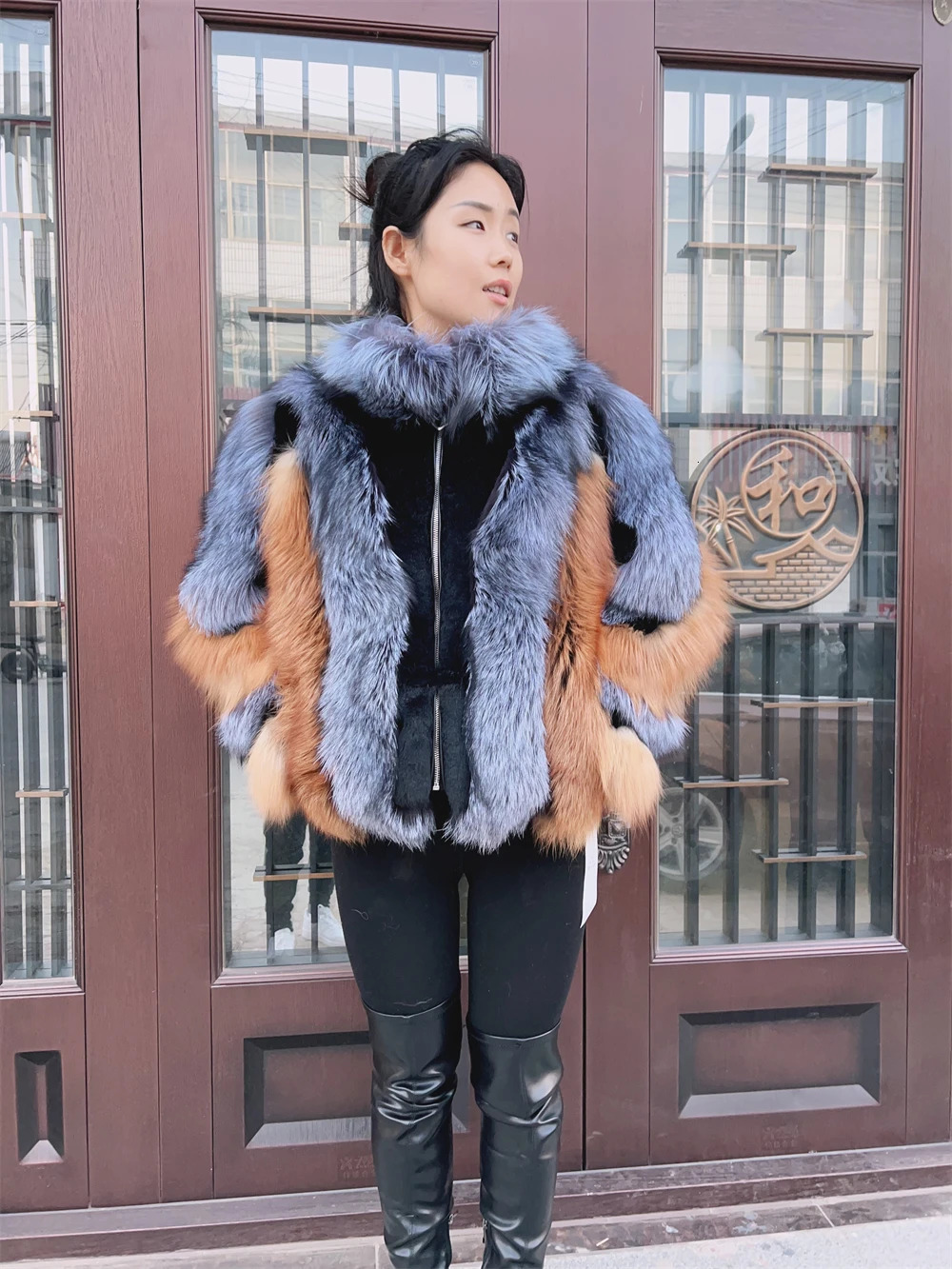 Silver Short Fox Fur Jacket With Collar Women y Long Sleeves Plus Size Vest Female Genuine Thick Red Coat Winter 241113