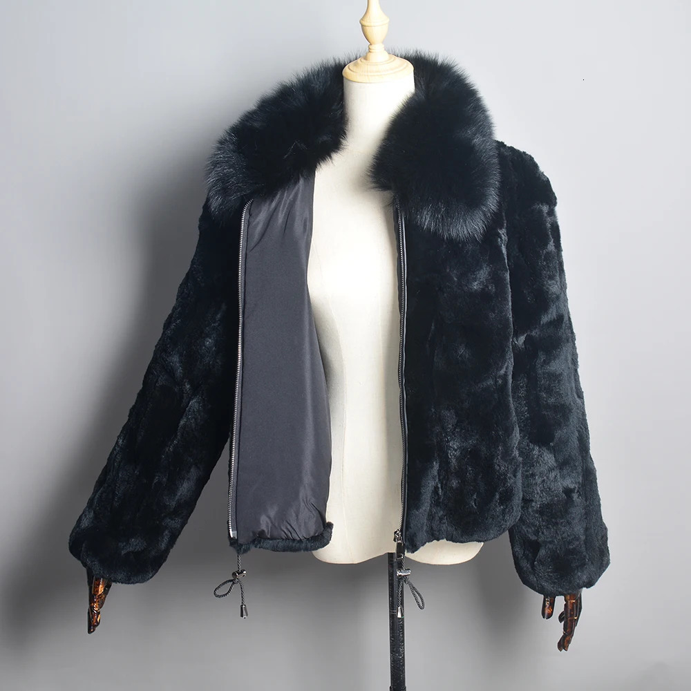 Women Winter Thick Natural Real Rex Rabbit Fur Coat Lady Warm Quality 100% Genuine Jacket With Fox Collar 241113