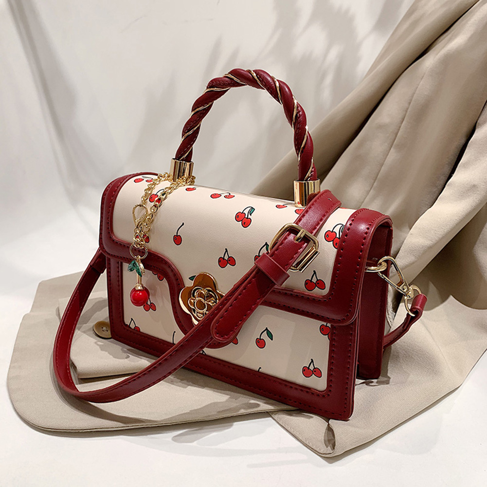 Women Cherry Square Chain Bag Adjustable Strap Fashion Small Satchel Bag Versatile Cherry Pattern Sling Bag Ladies Outdoor Bag