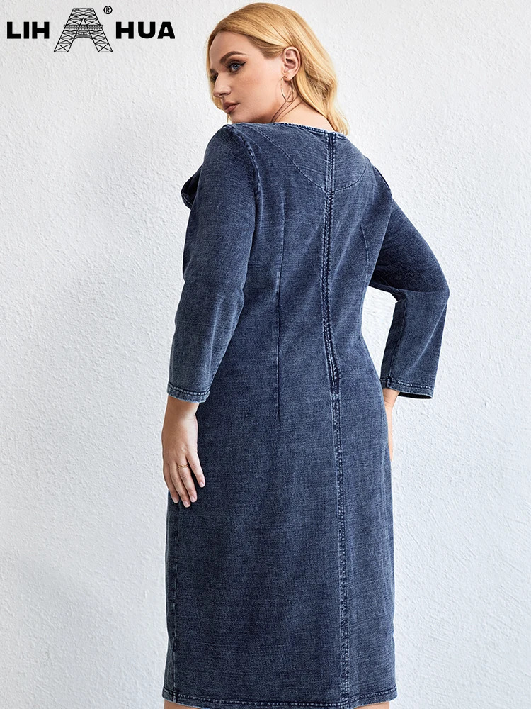 LIH HUA Womens Plus Size Denim Dress Autumn Chic Elegant Dresses For Chubby Women Cotton Knitted Bow Knot Dress 240407