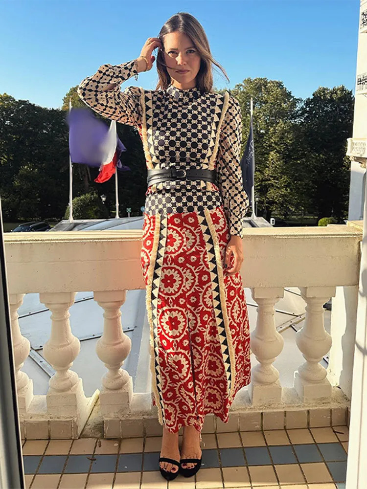 Print Puff Sleeve Midi Skirt Suit Women Elegant High Collar Long Sleeves 2 Pieces Sets Spring Chic Holiday Party Female Outfit 240403