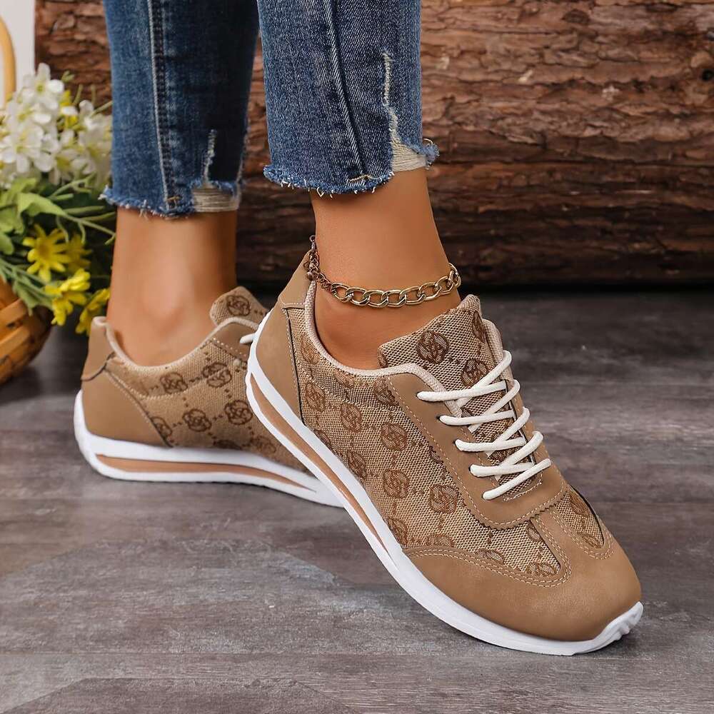 Breathable Women's Retro Rose Print Flat Low Heel Casual Sneakers, Lace-Up Running Shoes, Low-top Trainers