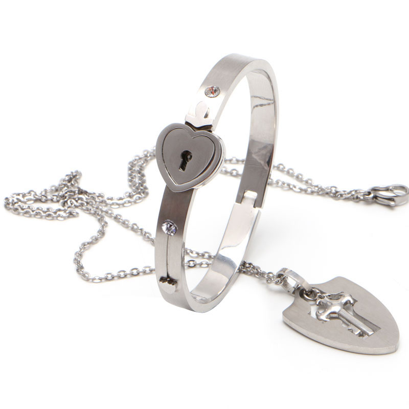 Couple for Titanium Lock Steel Bangle Bracelet & for Key Pendant Necklace Love S smile & & &