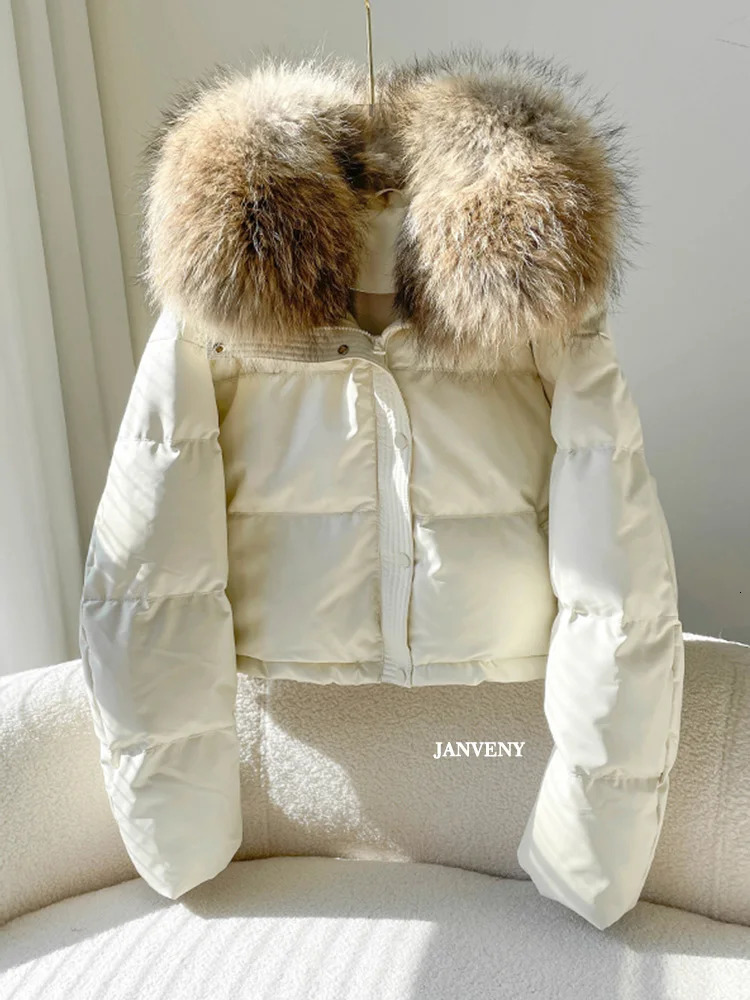 Janveny Real Natural Fur Winter Stand collar short Pu puff jacket womens thick duck style warm jacket 241112