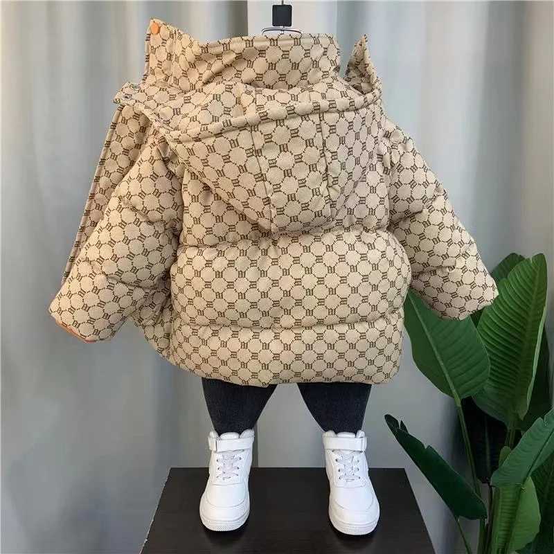 Down Coat Boys and girls winter jacket medium length down jacket black warm velvet thick hooded jacket big childrens jacket Q241112
