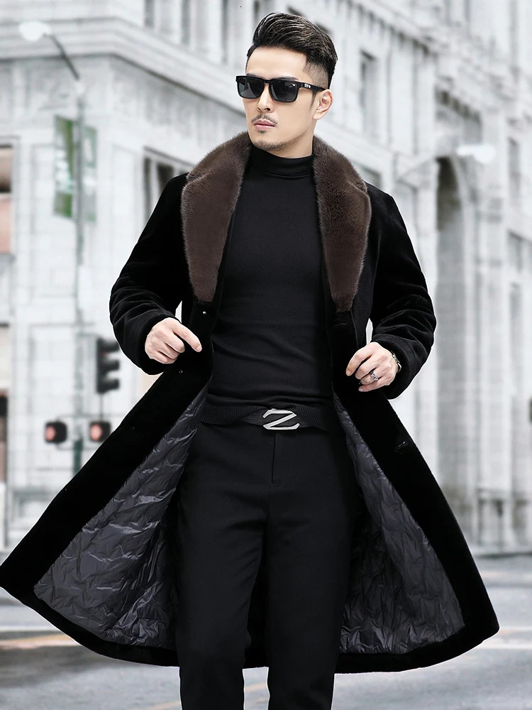 Mens Winter Pocket Sheep Wool Coat Mens Genuine Mink Collar Leather Jacket Mens Long Leather Warm Coat P508 241112