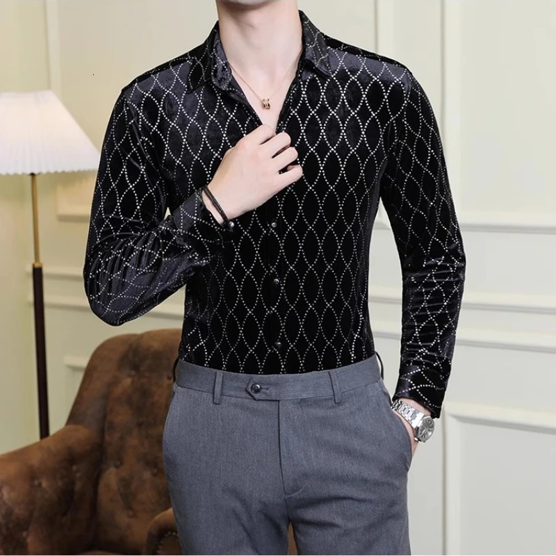 Autumn Velvet Plain Shirt Mens Long Sleeve Casual Business Dress Shirt Fashion Ultra Thin Social Street Clothing Mens Clothing 241113