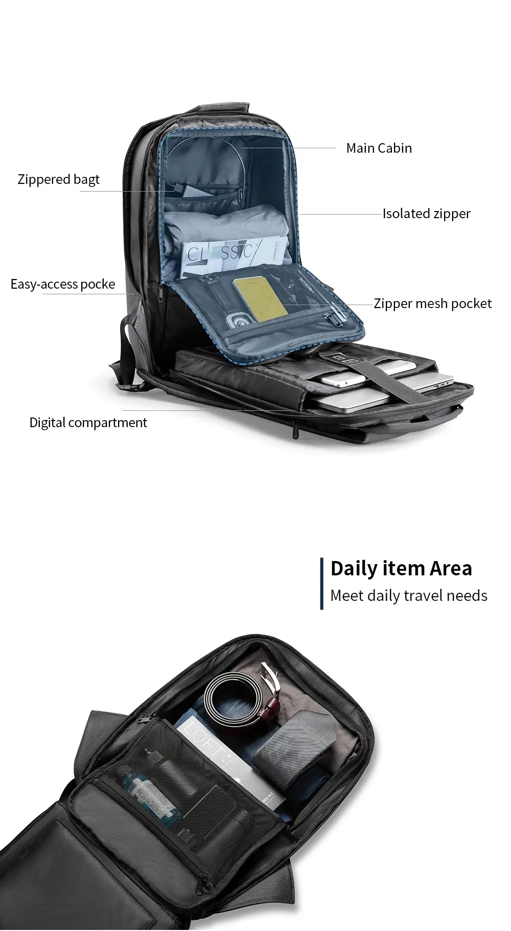 Anti-Theft Backpack Men 15.6 Inch Laptop 180 Degree Open W USB Charging Waterproof School Bag For College Student Boy Polyester BagVoyage