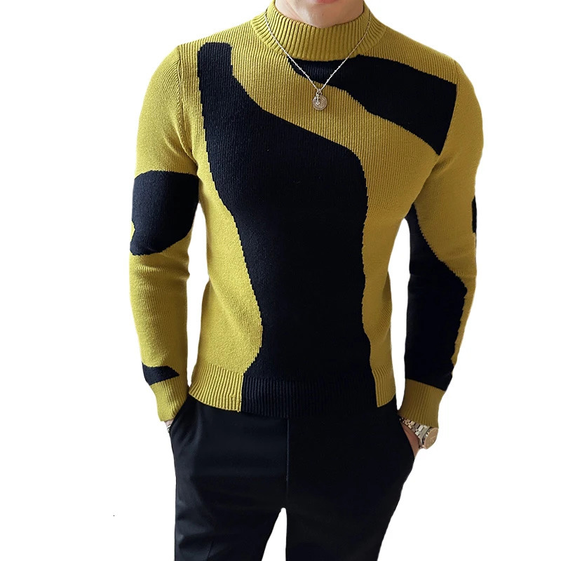 Sweater autumn and winter Korean mens fashion patch work color sweater mens slim fit casual turtle neck 4Color 241113