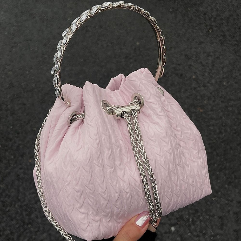 Korean Style Drawstring Bucket One-shoulder Dia Handle Chain Crossbody Bag Adjustable Oxford Pleated Handbag