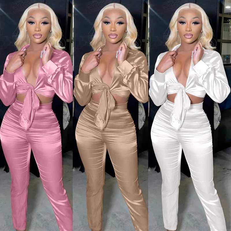 Sexy White Two Piece Set for Women Matching Sets Suit Satin Long Sve Tie Up Crop Top and Night Club Pants Sets Party OutfitsX241112