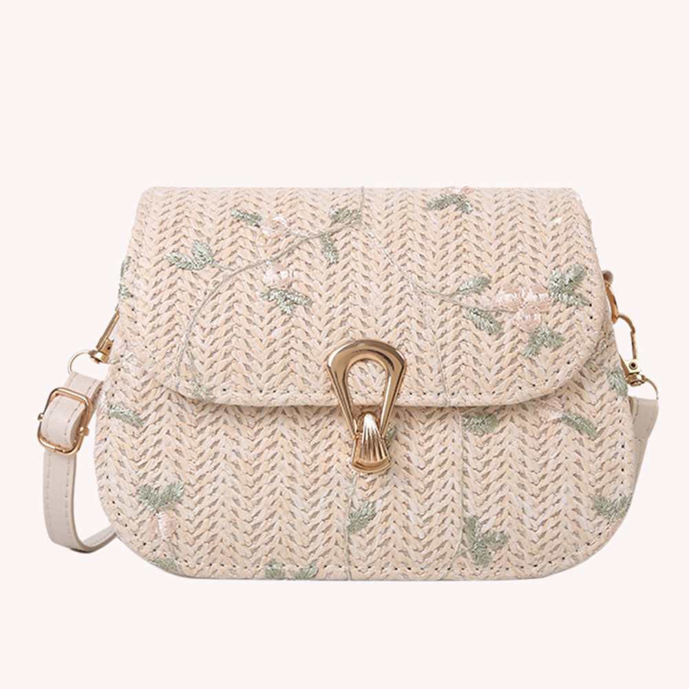 Women Woven Shoulder Bag Adjustable Strap Weaving Flower Purse Hasp Closure Straw Satchel Bag Female Summer Beach Bag