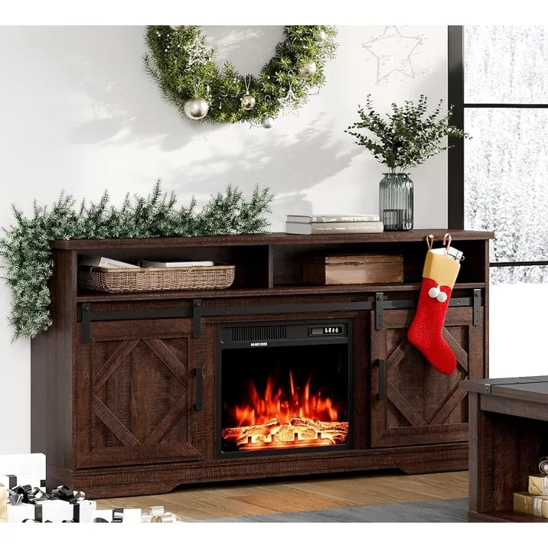 Farmhouse Wood Electric Fireplace TV Console, Entertainment Center with Storage, Sliding Door&Adjustable Shelf for Living Room