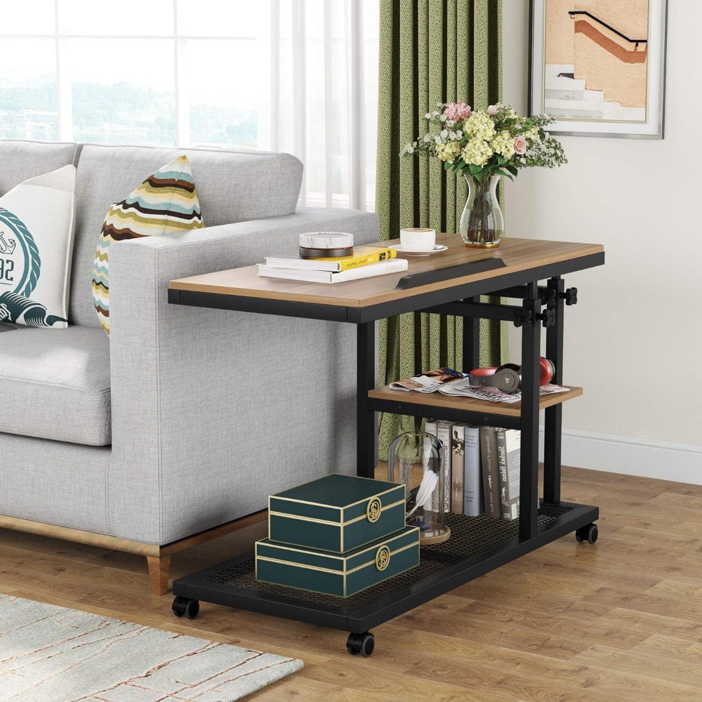 Height Adjustable End Table with Wheels and Tiltable Drawing Board, Sofa Bedside Laptop Stand, Height Adjustable C Table