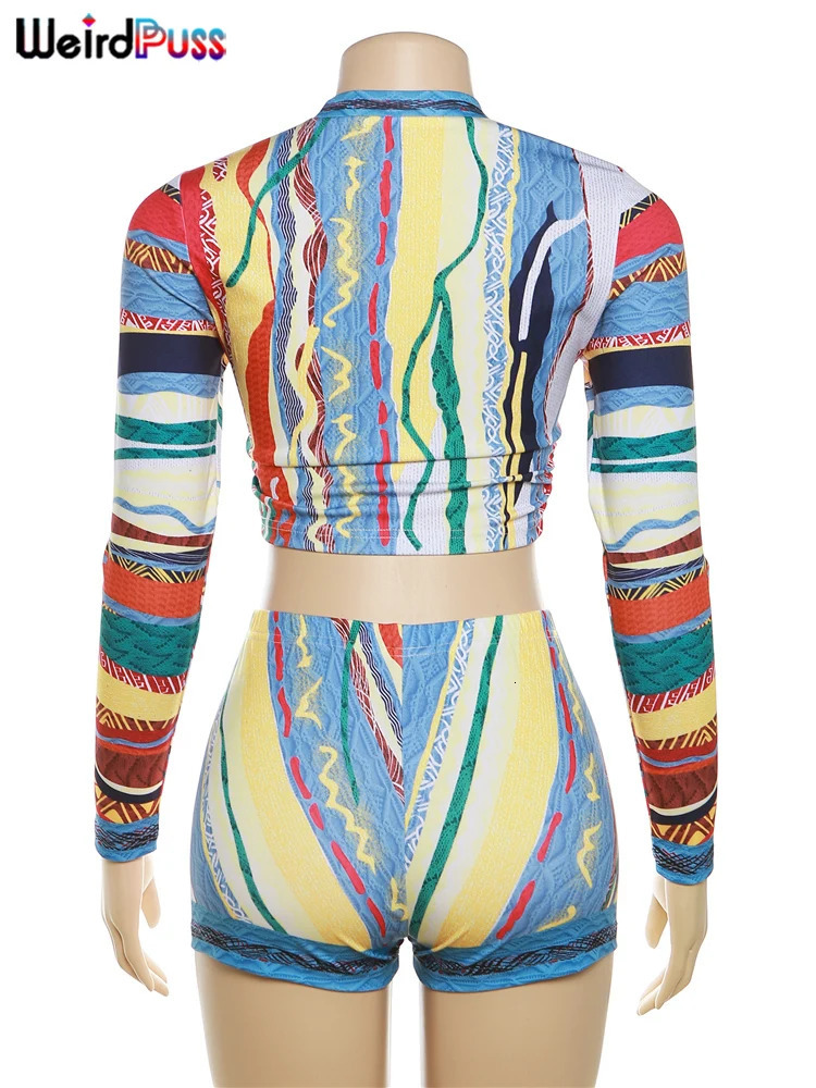 Weird Puss Colorful Print Tracksuit Women Two Piece Set Casual Long Sleeve Crop TopsShorts Festival Trend Matching Streetwear 240410