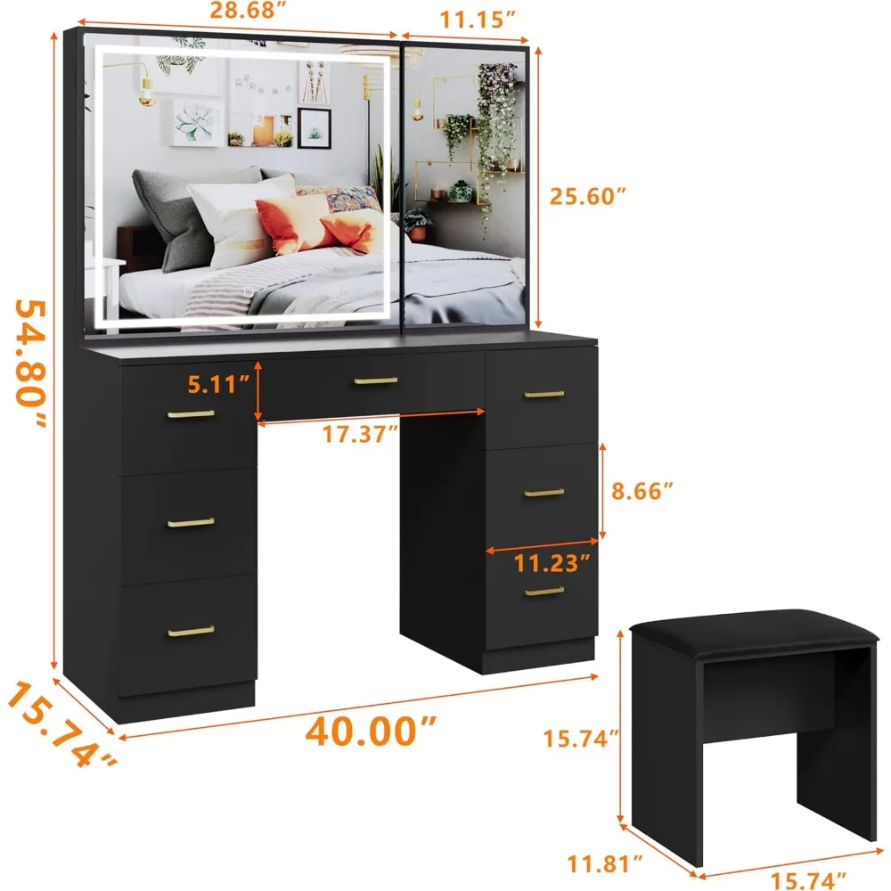 Bedroom Vanity Desk for Women (Black Furniture Dressing Table With Mirror Multifunctional Makeup Table Tall Dresser Large) Home