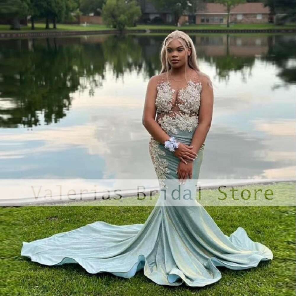 Elegant Mermaid Prom Dress For Black Girls Satin Appliques Beads Illusion Sexy Graduation Party Gowns Vestidos De Noche