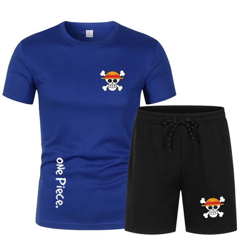 Summer Men's Kawaii Japanese Anime One Piece Sportswear Shorts Set Short Sleeve Breathable Grid T-Shirt & Shorts Casualwear