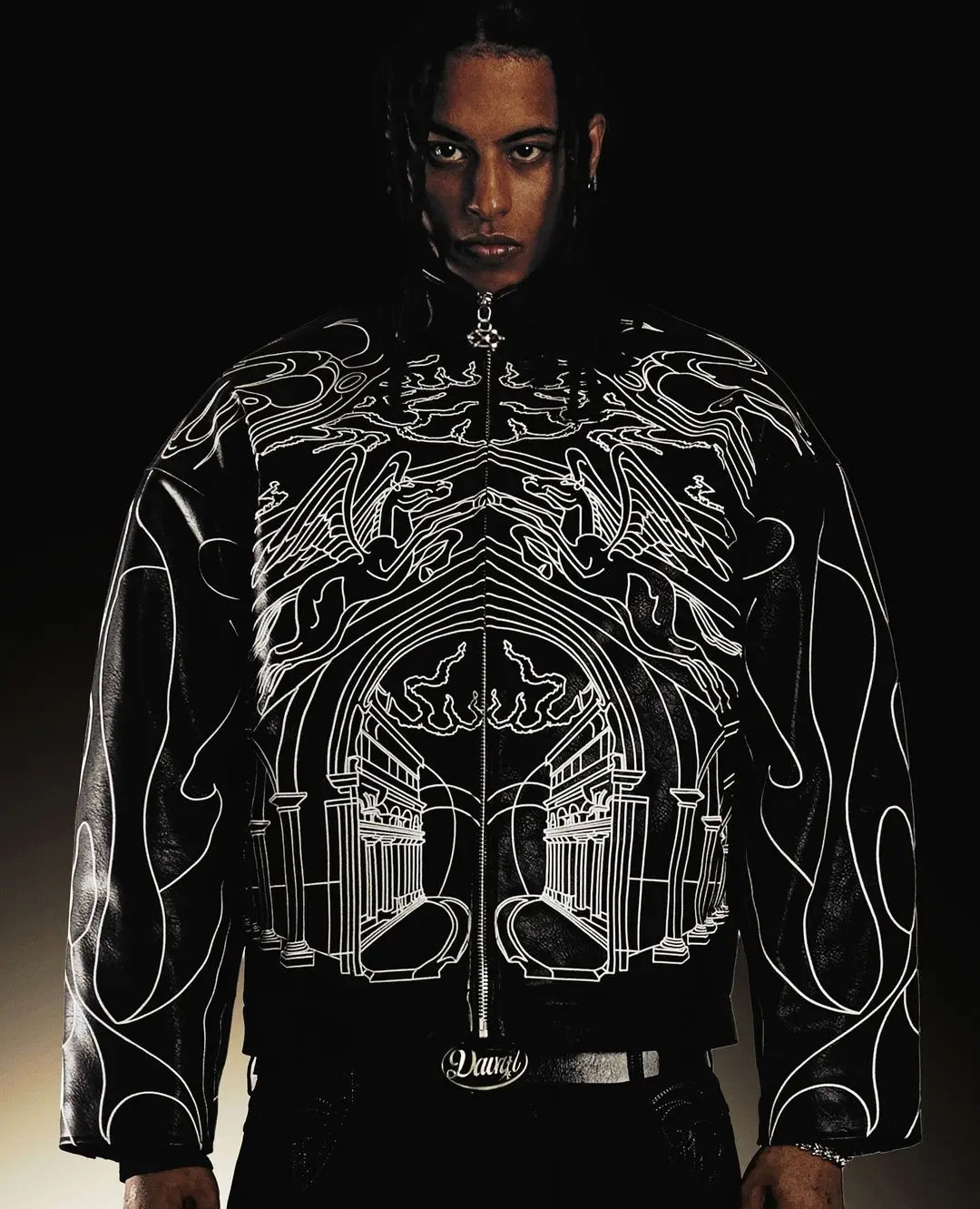 Y2k mens jacket Gothic retro black leather jacket with oversized line pattern Harajuku punk long sleeved zipper jacket clothing 241112