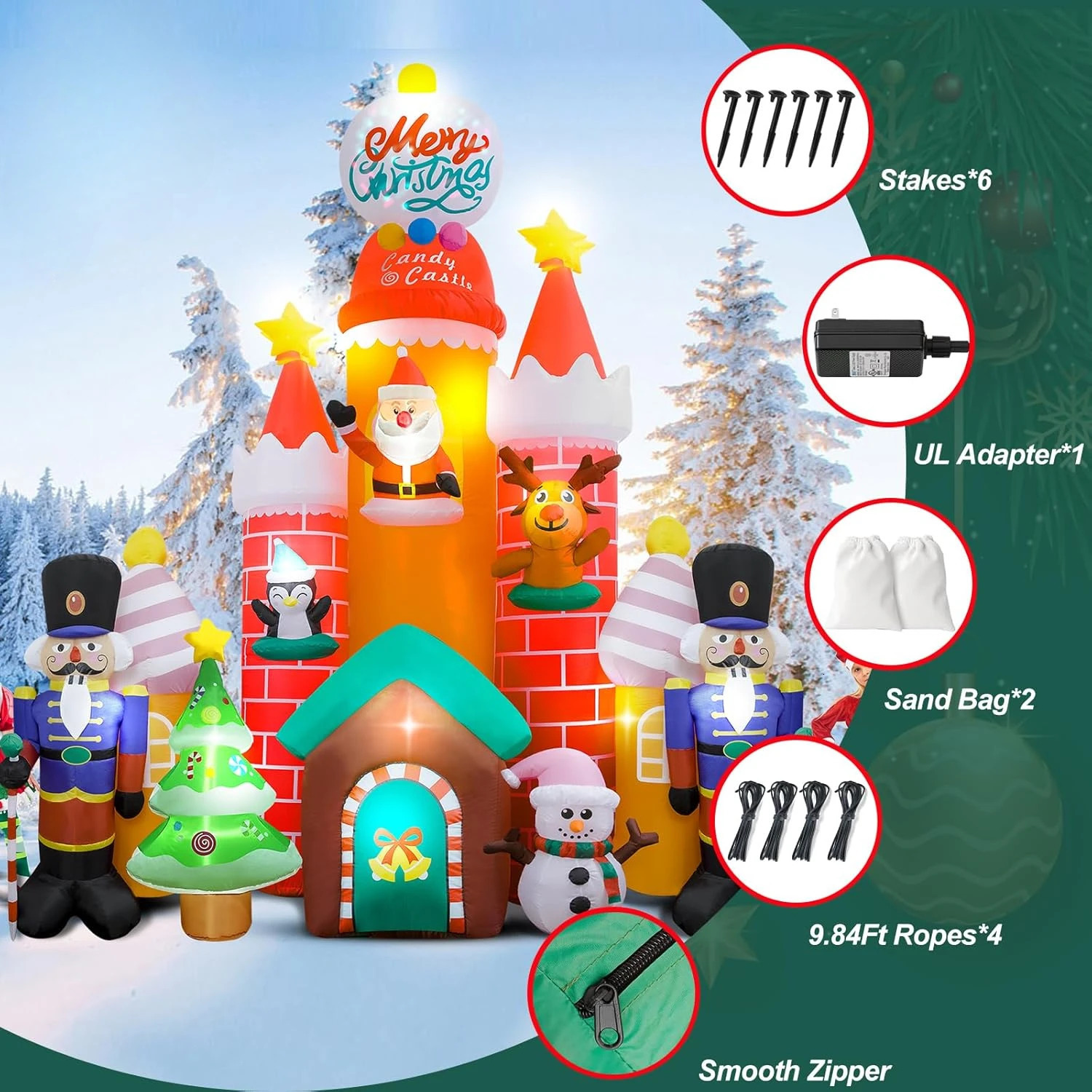 98 FT Christmas Inflatable Candy Castle Blow Up Decorations with Soldier Santa Reindeer Snowman Tree 241108