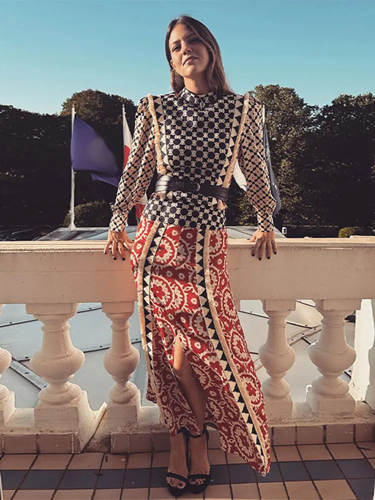 Print Puff Sleeve Midi Skirt Suit Women Elegant High Collar Long Sleeves 2 Pieces Sets Spring Chic Holiday Party Female Outfit 240403