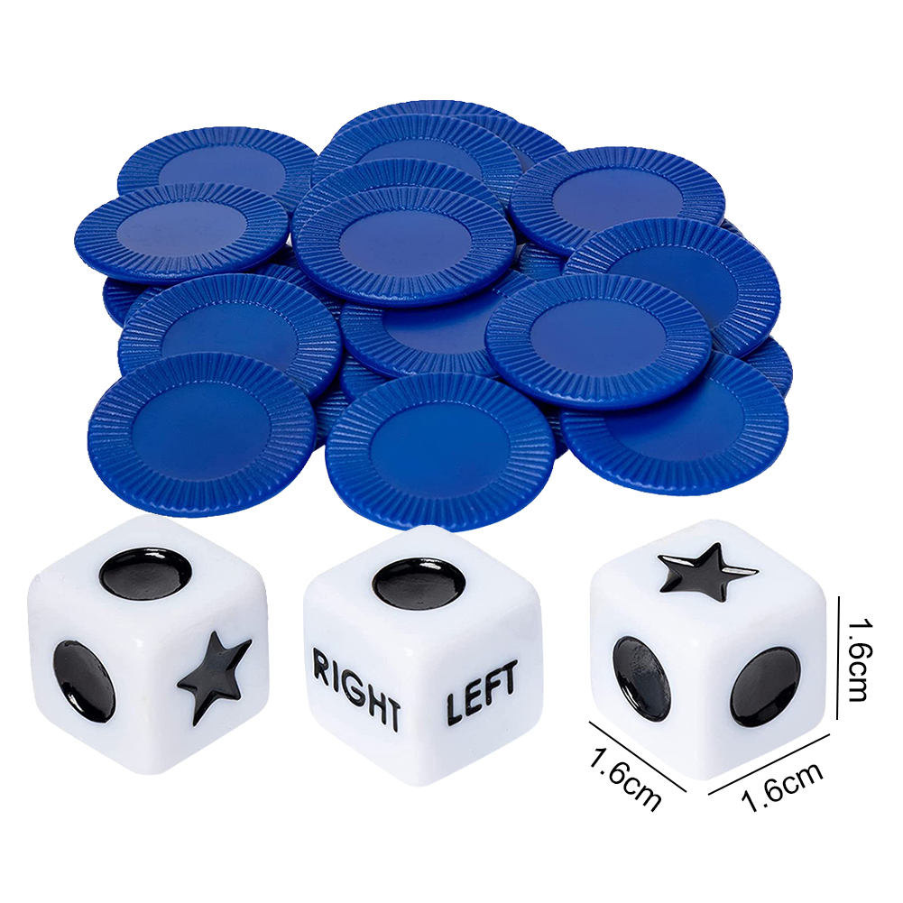 27pcs Dice Game 3 Dices and 24 Chips Left Right Center Dice Game Portable Novelty Toys for Family Friends Nights
