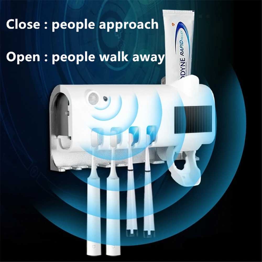 Toothbrush Sanitizer Solar Energy UV Toothbrush Holder Toothpaste Squeezer Bathroom Accessories Black Wall-mounted Sanitizer Tooth Brush Holder 240413