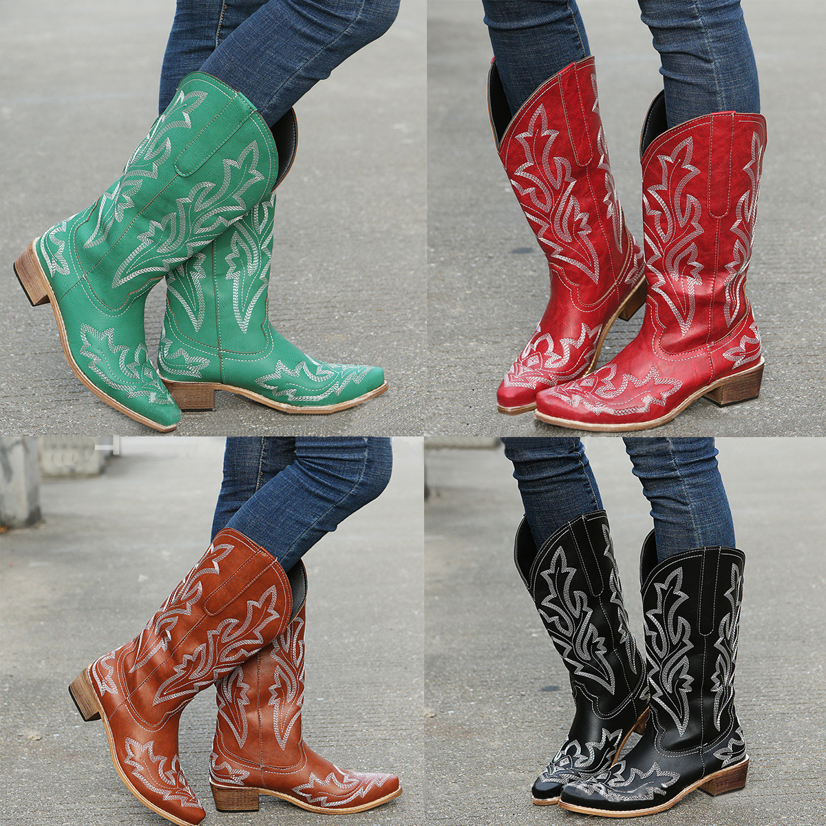 Embroidery Cowboy For Knee High Med Calf Vintage Western Cowgirl Boots Women Heeled Casual Shoes Autumn Block Heel 240724