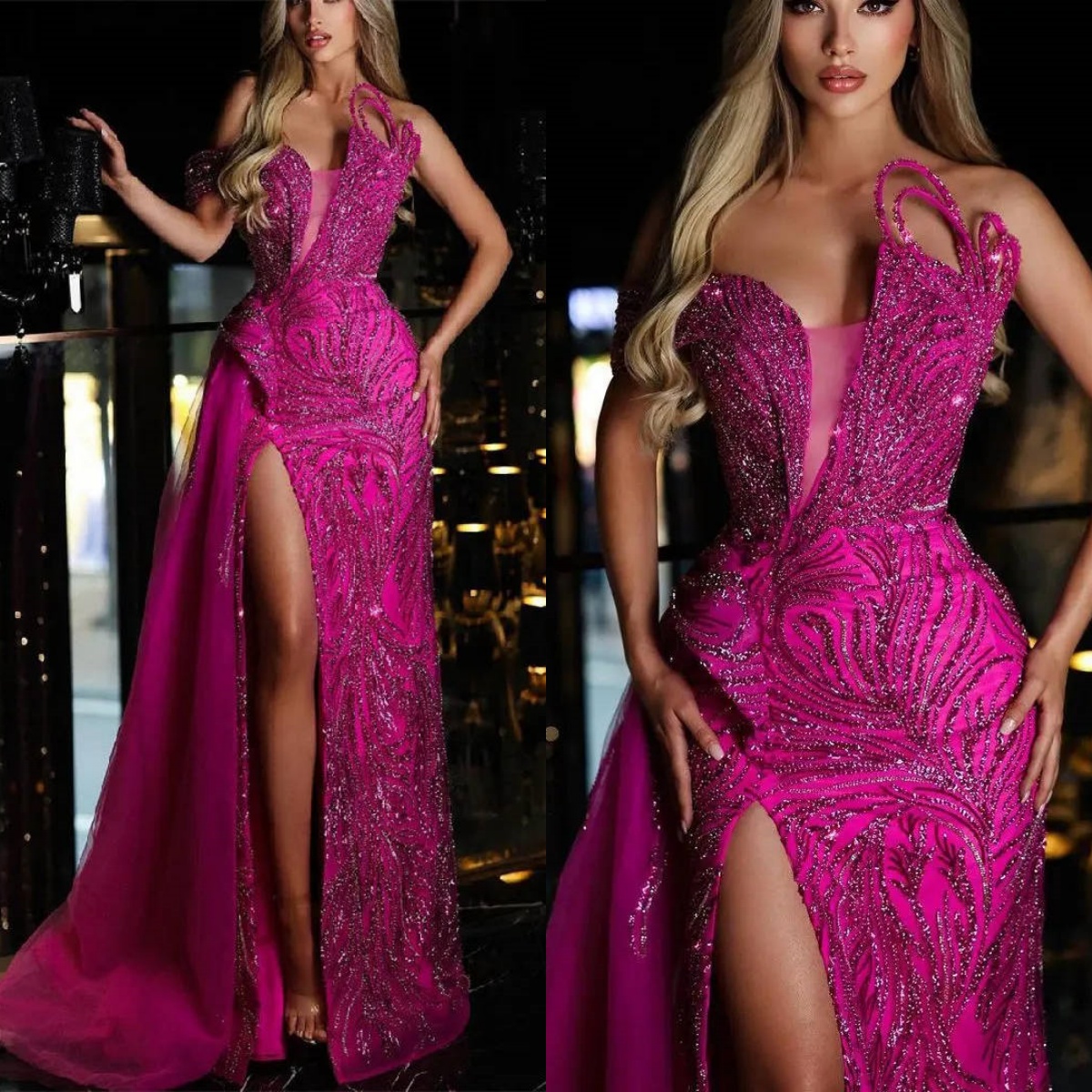 Fashion Mermaid Evening Dresses For Women Sequins Lace Gown Strapless Sleeveless Split Side Customized Dress Party Prom