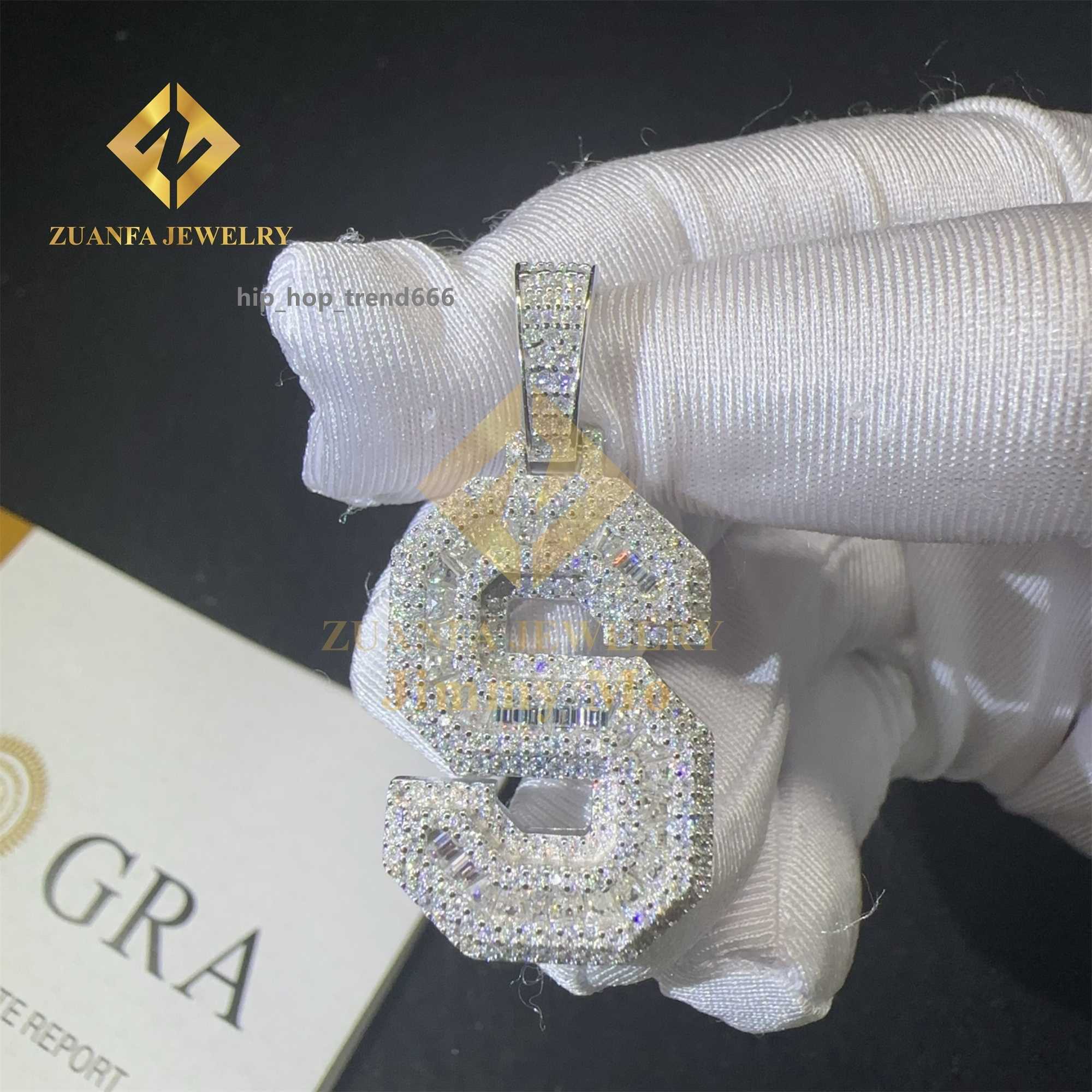 Fashion Hip Hop Jewelry Drop Shipping 925 Solid Silver VVS1 Baguette Moissanite Diamond A-Z Initial Letter Pendant Necklace Men
