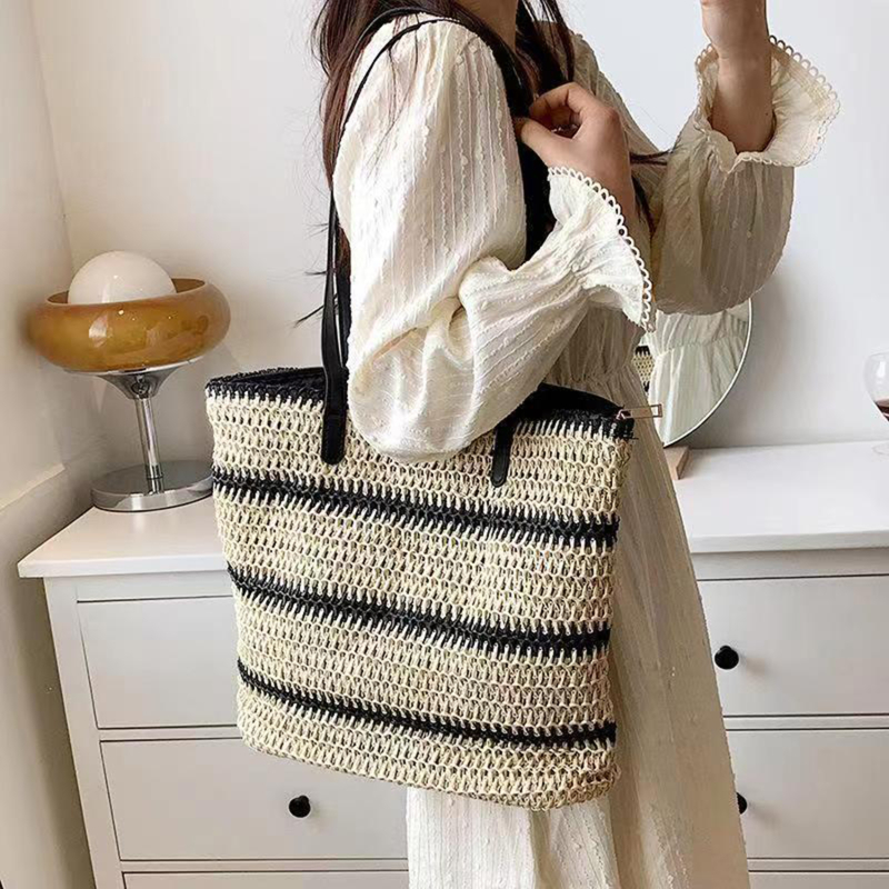 Summer Straw Shoulder Bags for Women Striped Woven Seaside Beach Vacation Shopping Bags Casual Female Shoulder Handbags Totes