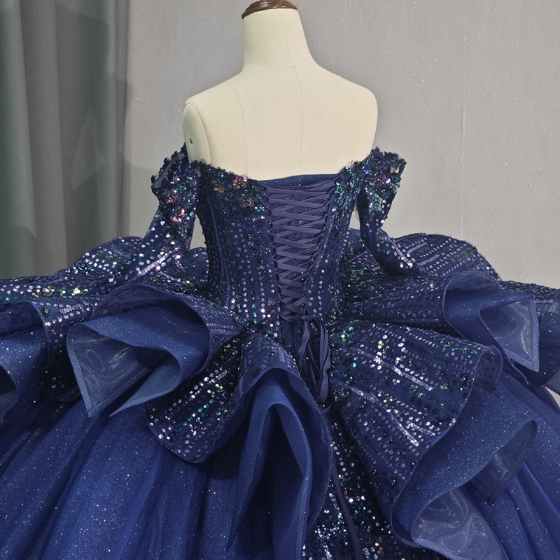 Blue Navy Shiny Princess Quinceanera Dresses Off The Shoulder Ball Gown Sweet Dress Beads Sequin Appliques Lace Tull Party Birthday D