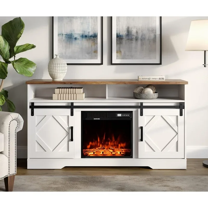 Farmhouse Wood Electric Fireplace TV Console, Entertainment Center with Storage, Sliding Door&Adjustable Shelf for Living Room