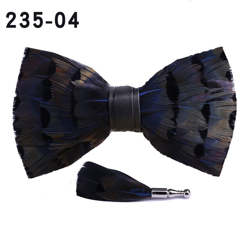 Feather Bow Tie Brooch Set - Wooden Gift Box For Men's Accessories Wedding Party Birthday 24