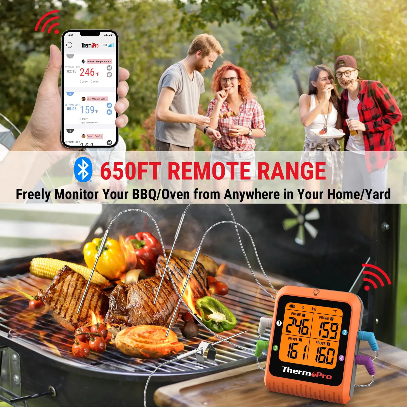 ThermoPro TP930 200M Wireless Remote Bluetooth Kitchen Digital Temperature Gauge with 4 Probes Used for Barbecue Meat Oven Barbecue Cooking 241113