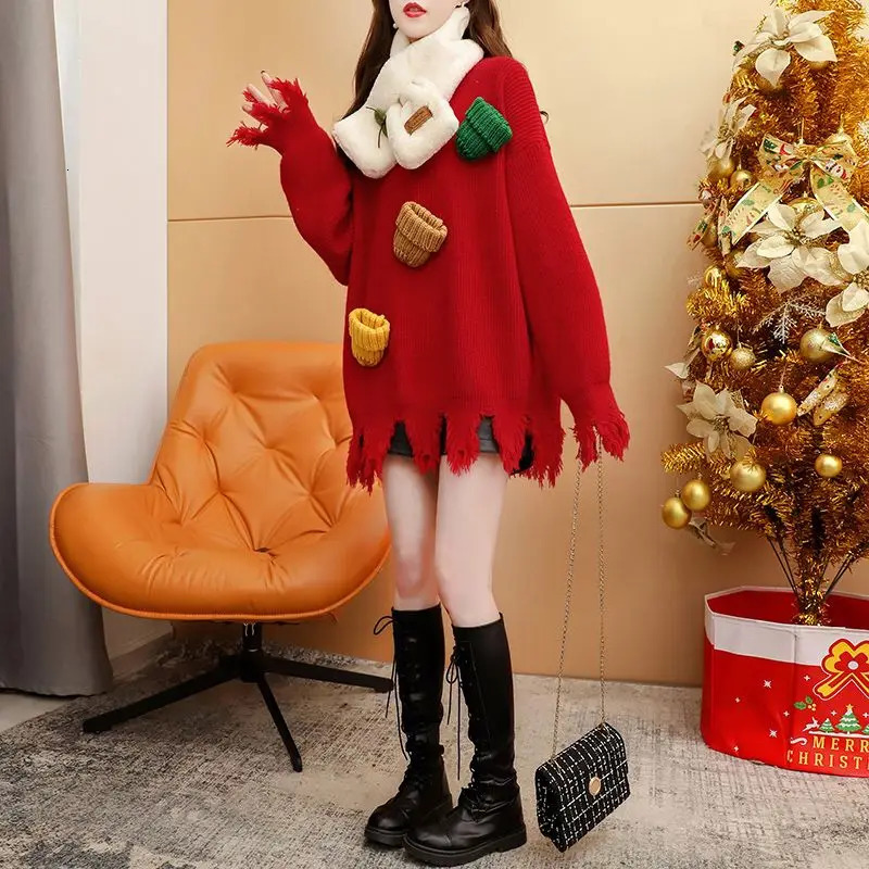 Autumn/Winter Korean Fashion Patch O-neck Long Sleeve Christmas Sweater Loose tassel Pullover Womens Dress 241113