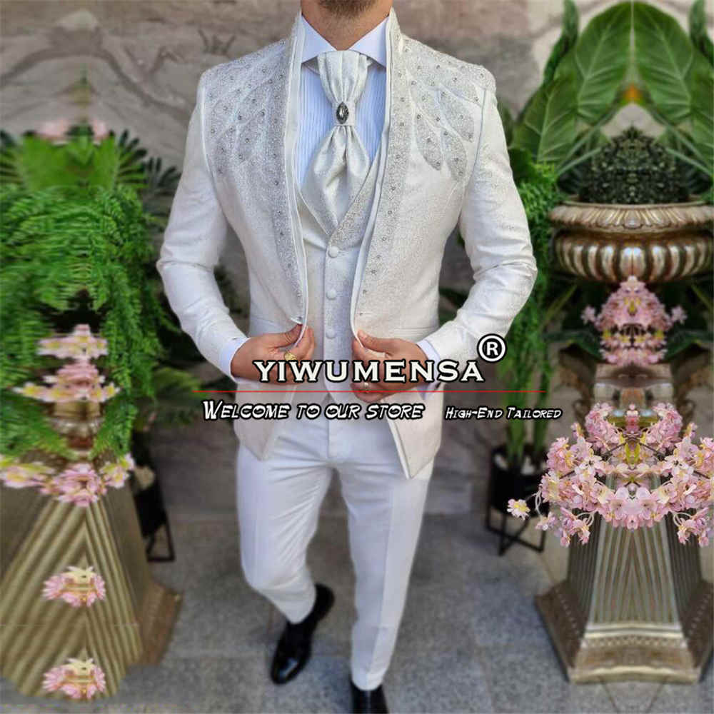 Ivory Floral Men's Suits For Wedding Sparkling Crystals Beaded Groom Tuxedos Custom Made 3 Pieces Formal Party Man Blazer smile
