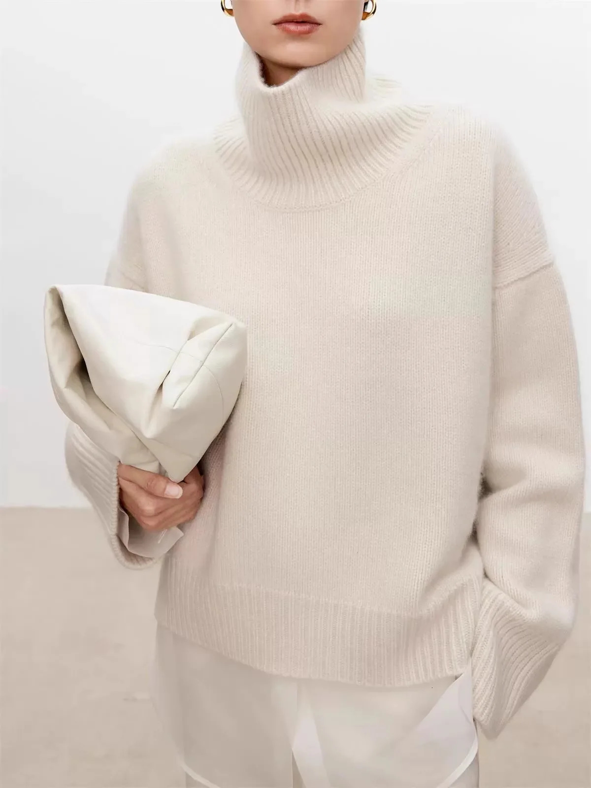 Thick turtle neck 100% pure cashmere sweater for women loose and lazy knit silhouette sweater European product 241113