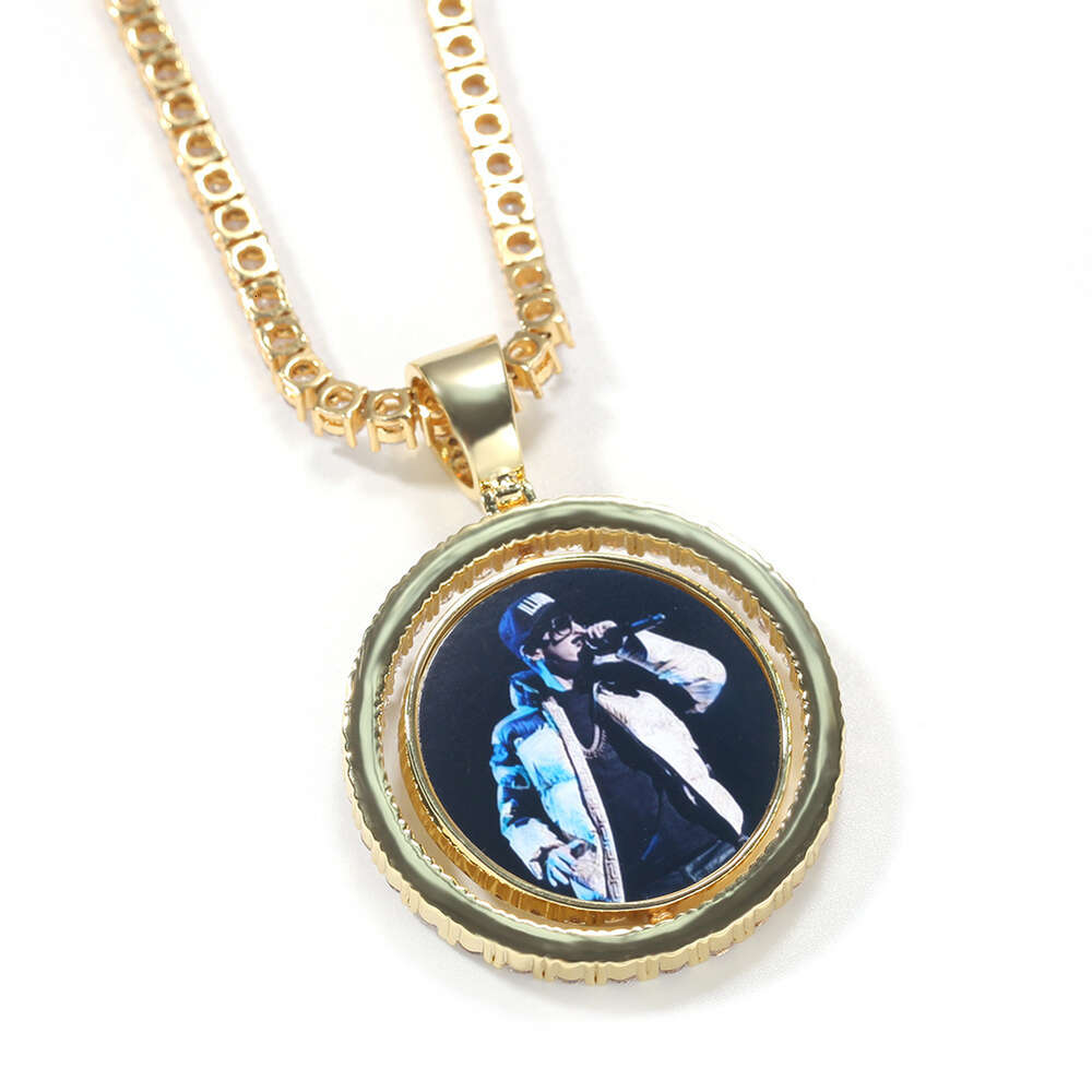 Rotating Double Sided Custom Photo Memory Pendant Necklace 14k Gold Plated Iced Out Cubic Zirconia Diy Picture For Men And Women Couple Lovers Memoria